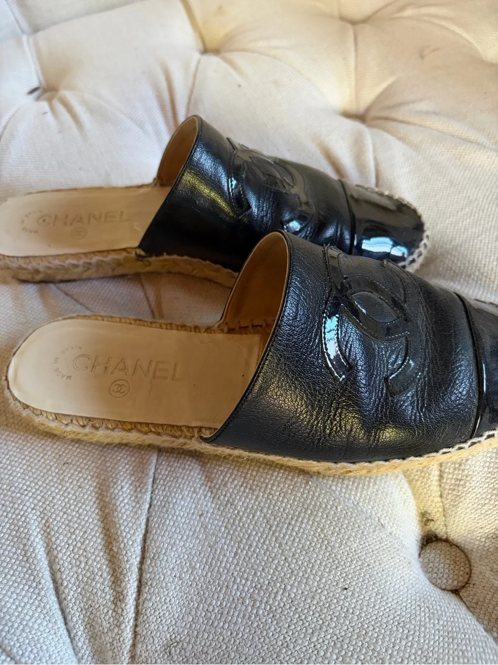 Chanel Shoe Espadrille CC Mules Black Leather 38